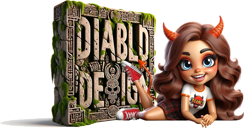 A playful and engaging graphic featuring a 3D cube with intricate Aztec-style carvings and the words 'DIABLO DESIGN' surrounded by lush green moss, alongside a cheerful cartoon character with devilish horns, sitting and smiling.