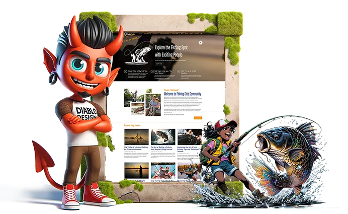Creative website design layout featuring a cartoon character with a devilish design theme on the left, a homepage interface with nature and fishing content in the center, and a dynamic illustration of a fisherman catching a large fish on the right.