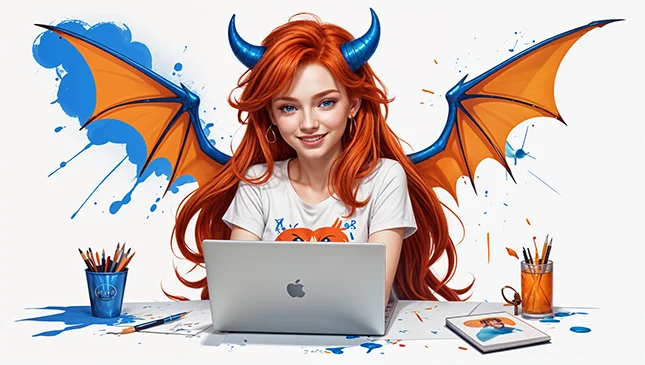 Stylized illustration of a young woman with red hair, blue horns, and orange wings, smiling at a laptop. She is wearing a white 