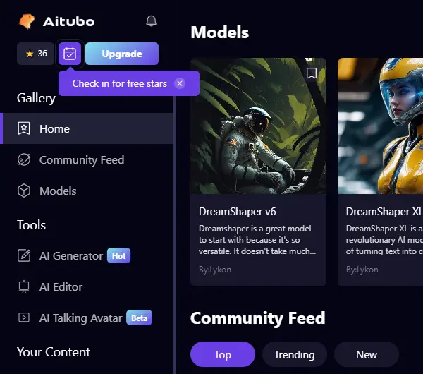 Aitubo AI art generator interface showcasing options for game assets, anime materials, and more.