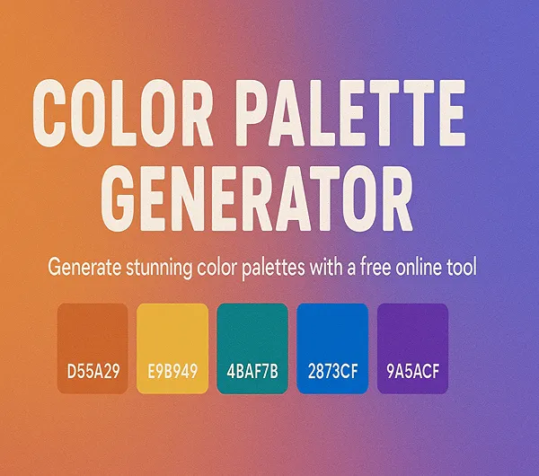 Color Palette Generator – horizontal digital banner with gradient background in orange and purple, bold white title text, and five colorful swatches with hex codes: D55A29, E9B949, 4BAF7B, 2873CF, 9A5ACF.