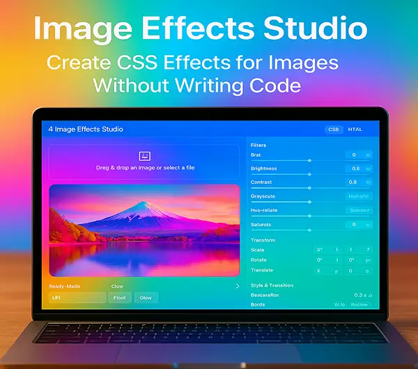 &quot;Colorful interface of Image Effects Studio on a laptop screen with CSS filters, transformations, and live image preview