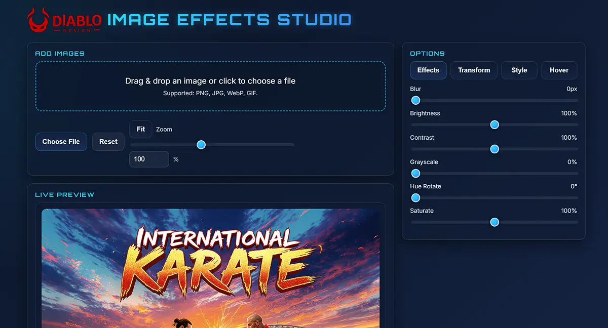Image Effects Studio by DiabloDesign – CSS generator interface with image filters, transformations, style and hover options, showing live preview of International Karate game artwork