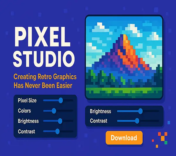Colorful digital illustration promoting Pixel Studio by DiabloDesign. The design shows a retro pixelated mountain landscape on a computer screen, surrounded by modern interface sliders for pixel size, colors, brightness, and contrast, with bold text “Pixel Studio” and a bright orange Download button on a vibrant blue background.