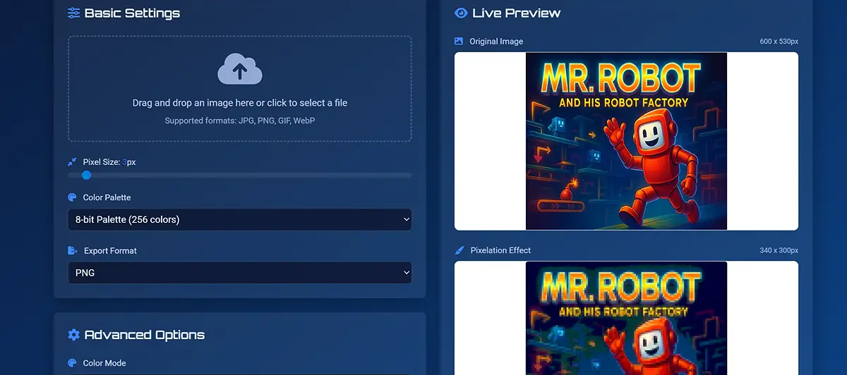 Screenshot of Pixel Studio interface showing basic settings and live preview. On the left panel, options include pixel size slider, color palette selection (8-bit palette, 256 colors), and export format (PNG). On the right, the original image of the retro game "Mr. Robot and His Robot Factory" is displayed alongside its pixelated version.