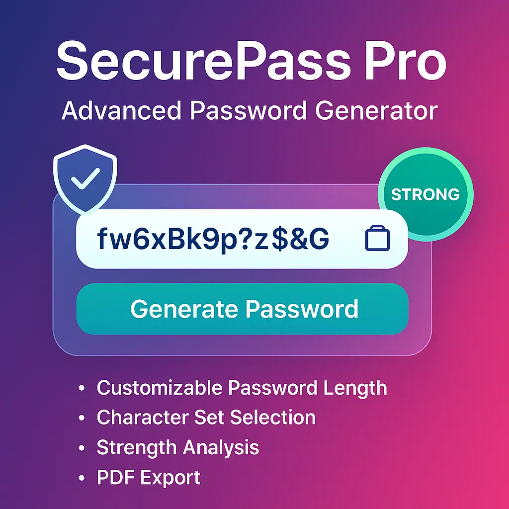 SecurePass Pro – promotional illustration of a new password generator by DiabloDesign with gradient background, security icons, and modern interface elements
