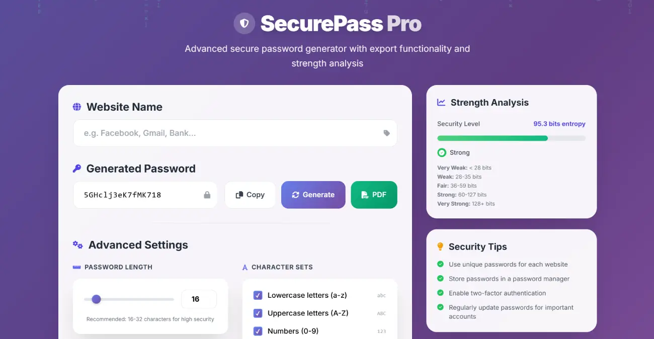 SecurePass Pro – interface of the new password generator by DiabloDesign showing website name input, generated password, advanced settings, strength analysis, and security tips