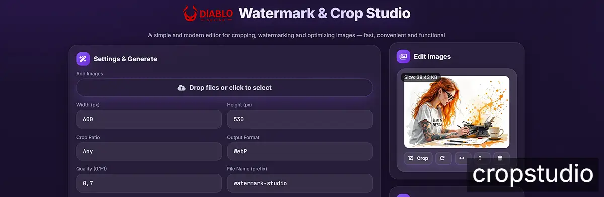 Screenshot of the Watermark & Crop Studio interface by DiabloDesign. The dark-themed editor shows options to set image width, height, crop ratio, output format (WebP), quality, and file name prefix. A sample image of a woman with red hair working at a desk is displayed in the preview panel with crop and edit controls.