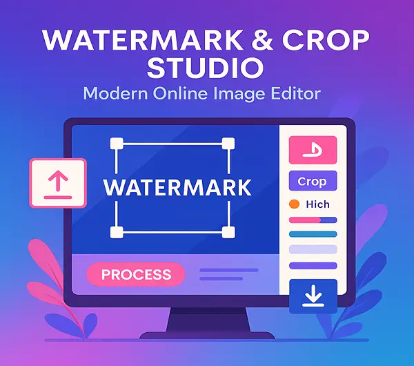 Modern colorful flat-style illustration of the Watermark &amp; Crop Studio interface. A computer monitor displays an image with a cropping frame and the word WATERMARK overlayed. Surrounding editing icons include crop, upload, sliders, and download. The background features a smooth purple-to-blue gradient with decorative leaves.