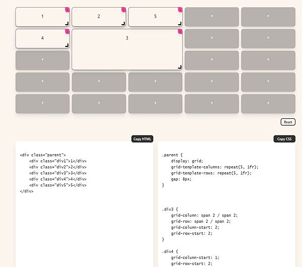 Screenshot of CSS Grid Generator interface showcasing customizable grid layout options.