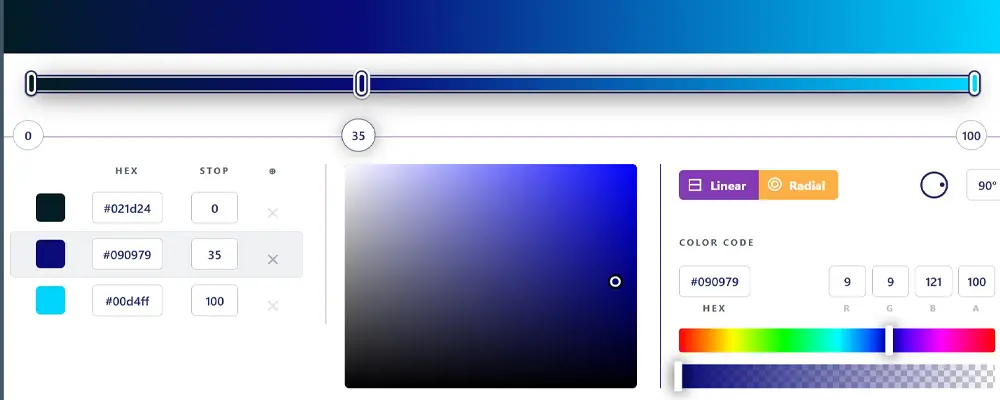 creenshot of CSS Gradient Generator interface showing gradient options and CSS code output.