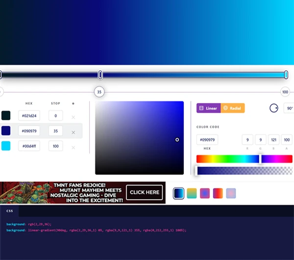 creenshot of CSS Gradient Generator interface showing gradient options and CSS code output.