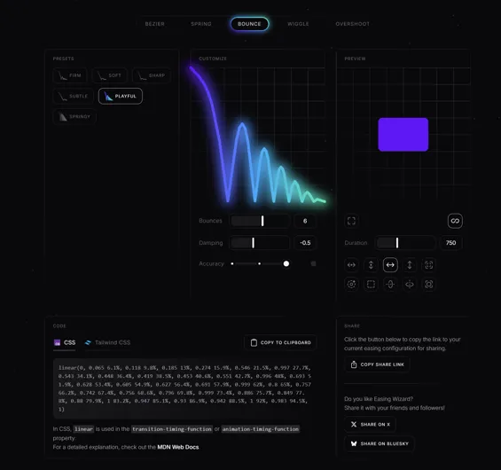 Screenshot of Easing Wizard interface showcasing various easing curves and customization options.