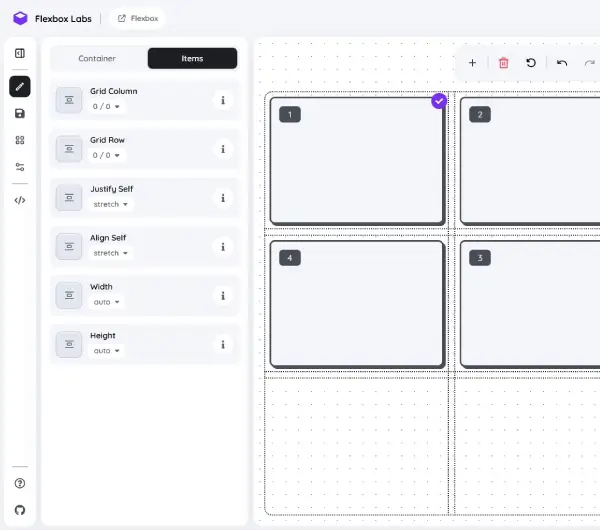 Screenshot of Flexbox Labs interactive interface demonstrating CSS Flexbox properties in action.