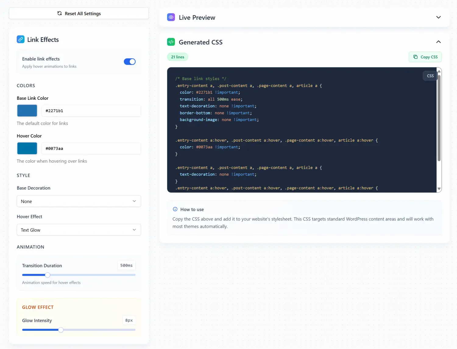 Hoverly interface showing link effects customization with color settings, glow effect, transition duration, and generated CSS preview.