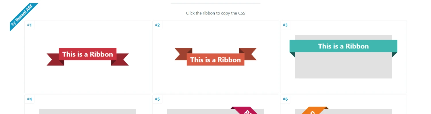 Screenshot of CSS Generators Ribbon Shapes website showcasing various CSS-only ribbon designs for web development
