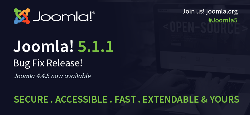 Joomla 5.1.1 and 4.4.5 new releases, showcasing updated libraries, improved CLI tools, enhanced user interface, and advanced security features for a better content management system experience.