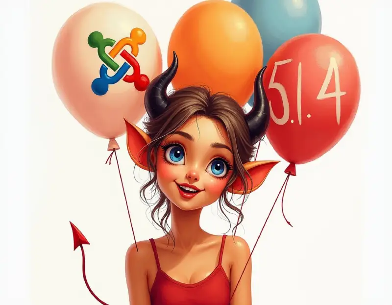 A playful, cartoonish demon girl with bright eyes and small horns is holding three colorful balloons. One balloon features the Joomla logo, while another is marked with "5.1.4", signifying the latest update. The image blends whimsy with a touch of devilish charm.