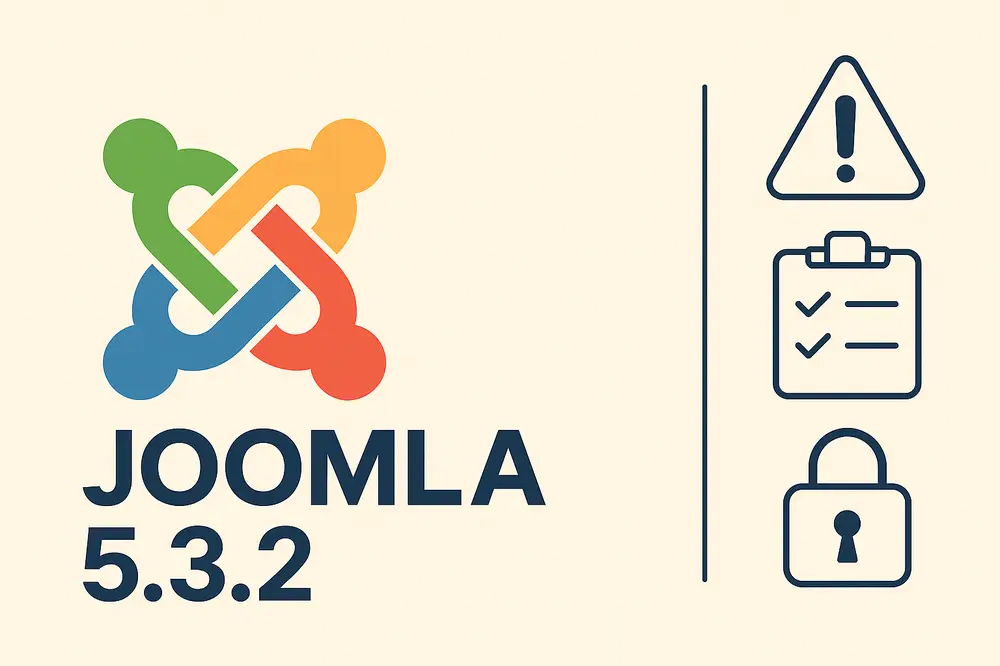 Illustration representing the Joomla 5.3.2 release, featuring the Joomla logo and minimal icons symbolizing bug fixes, feature validation, and security
