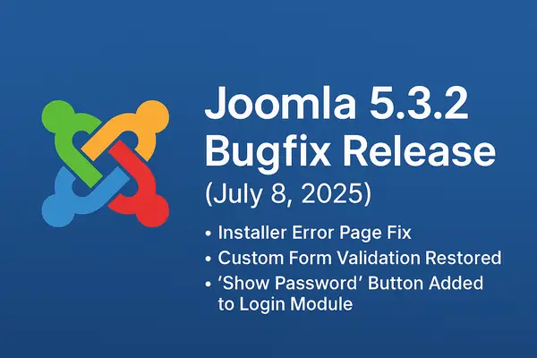 Informative graphic announcing the Joomla 5.3.2 release on July 8, 2025, with the Joomla logo on a blue gradient background