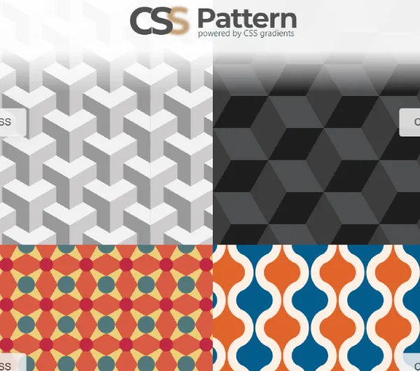 Screenshot of the CSS-Pattern.com homepage displaying various unique CSS patterns generated using gradients, with options to 'Copy the CSS