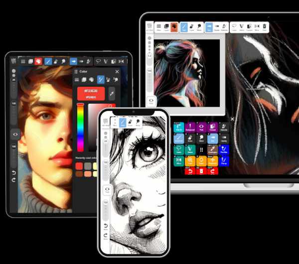 Screenshot of KRESKA.art's user interface showing the clean, uncluttered design with various drawing and painting tools.