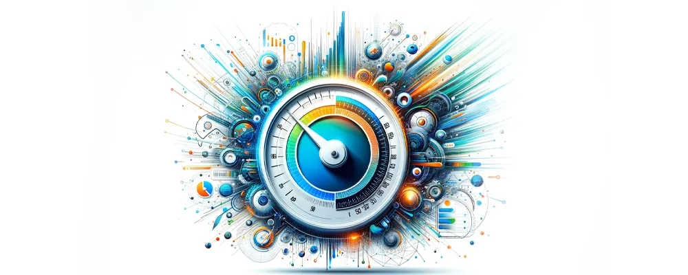 Digital illustration for PageSpeed Insights, featuring a central speedometer symbolizing web performance, surrounded by abstract data, code, and network elements on a white background