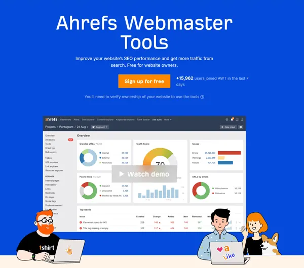 Screenshot of Ahrefs Webmaster Tools homepage, highlighting key features such as SEO health check, backlink analysis, and keyword traffic insights.