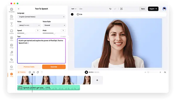 Screenshot of FlexClip's AI Text-to-Speech tool interface showcasing language and voice options.