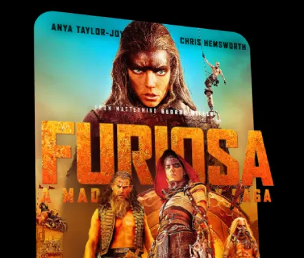 t looks like you've uploaded an image of a 3D animated poster for the movie Furiosa, featuring characters like Anya Taylor-Joy and Chris Hemsworth from the Mad Max saga. This poster, which uses bold and fiery tones, conveys the gritty, apocalyptic world typical of the series. The 3D effect gives the characters depth and energy, making it a striking promotional piece.