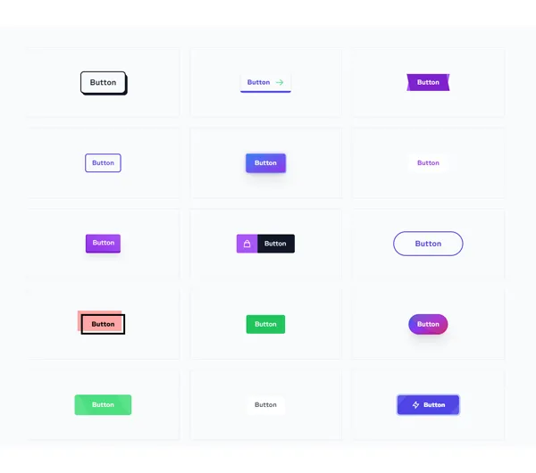 A diverse collection of 45 modern CSS button styles, showcasing various shapes, colors, and animations