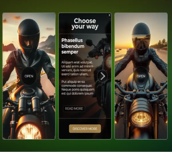 It looks like you've uploaded an image of a set of sleek motorcycle-themed card animations. The cards feature interactive elements, likely implemented using HTML and CSS, where users can engage with the content by pressing buttons like &quot;Open,&quot; &quot;Read More,&quot; or &quot;Discover More.&quot; The imagery is dynamic, showing bikers in action, and the overall design presents a modern and engaging interface.