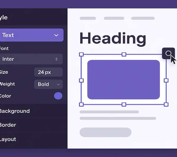 Visual CSS editor interface showing a live webpage preview with style adjustment controls on the side panel