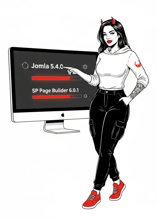 A woman with red horns and a tattoo on her arm points at a computer screen displaying the text “Joomla 5.4.0” and “SP Page Builder 6.0.1.” The illustration is in black and white with red accents.