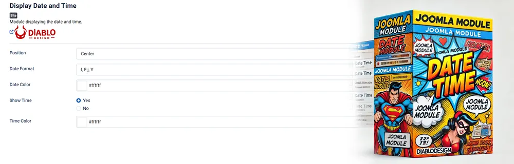 Screenshot of the Mod Date Display module configuration interface in Joomla, showing various customizable options for date and time display.