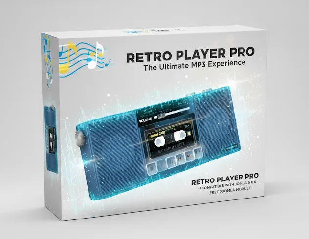 Box mockup of Retro Player Pro – a free Joomla module compatible with Joomla 5 and 6, featuring a glowing retro cassette player design with music notes
