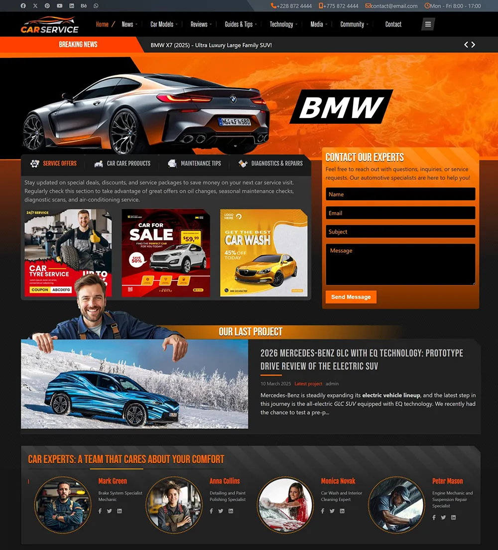 A modern automotive service website homepage featuring a sleek BMW car in the hero section with an orange gradient background. The website includes navigation links for home, news, car models, services, guides, technology, media, and community. Below the hero image, there are service offers, including car wash and tire services. A contact form is placed on the right side for inquiries. The latest project section highlights a Mercedes-Benz GLC electric SUV prototype drive review. The team members' section at the bottom showcases experts in brake systems, detailing, car wash, and engine repairs.