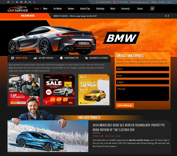 A modern automotive service website homepage featuring a sleek BMW car in the hero section with an orange gradient background. The website includes navigation links for home, news, car models, services, guides, technology, media, and community. Below the hero image, there are service offers, including car wash and tire services. A contact form is placed on the right side for inquiries. The latest project section highlights a Mercedes-Benz GLC electric SUV prototype drive review. The team members' section at the bottom showcases experts in brake systems, detailing, car wash, and engine repairs.