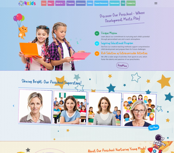 Screenshot of the Little Learners Joomla 5 template homepage. The page is colorful and features sections such as About Us, Programs, Admissions, Gallery, and Contact. The main focus is a dynamic slideshow with child-friendly graphics, creating a warm and inviting look for the preschool website.