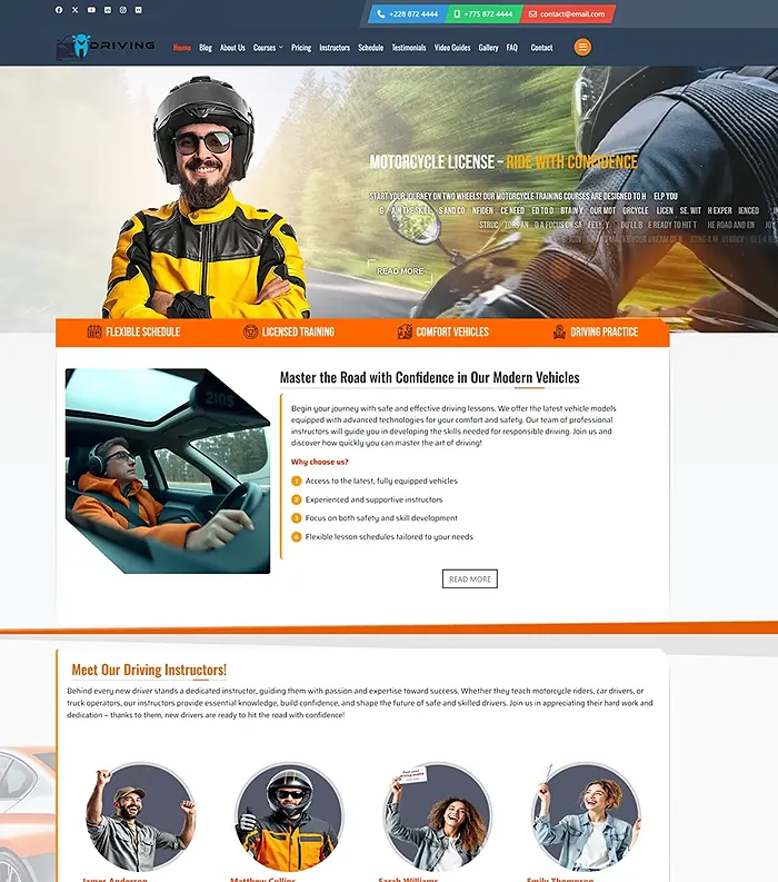 A modern Joomla 5 template for a driving school, featuring a responsive design, intuitive navigation, and an attractive presentation of motorcycle and car training courses.