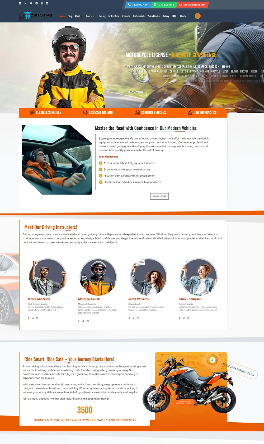 A modern Joomla 5 template for a driving school, featuring a responsive design, intuitive navigation, and an attractive presentation of motorcycle and car training courses.