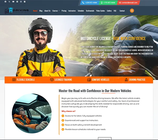 A modern Joomla 5 template for a driving school, featuring a responsive design, intuitive navigation, and an attractive presentation of motorcycle and car training courses.