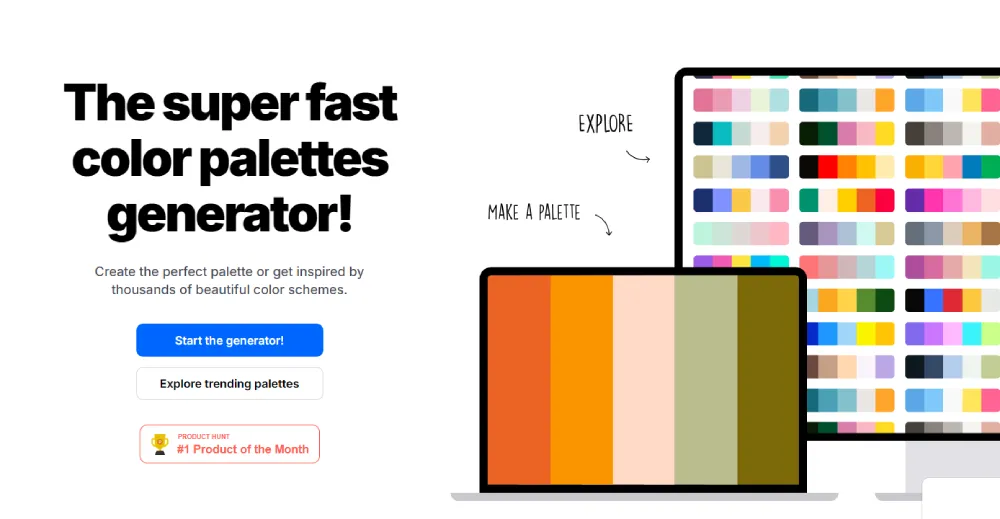 Screenshot of the Coolors website showing a color palette generator with vibrant color schemes displayed on a laptop and desktop screen, with options to explore trending palettes and start generating a new palette.