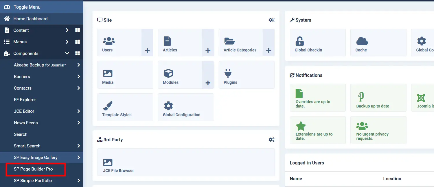 In the administration panel in the components, click on the SP Page Builder tab