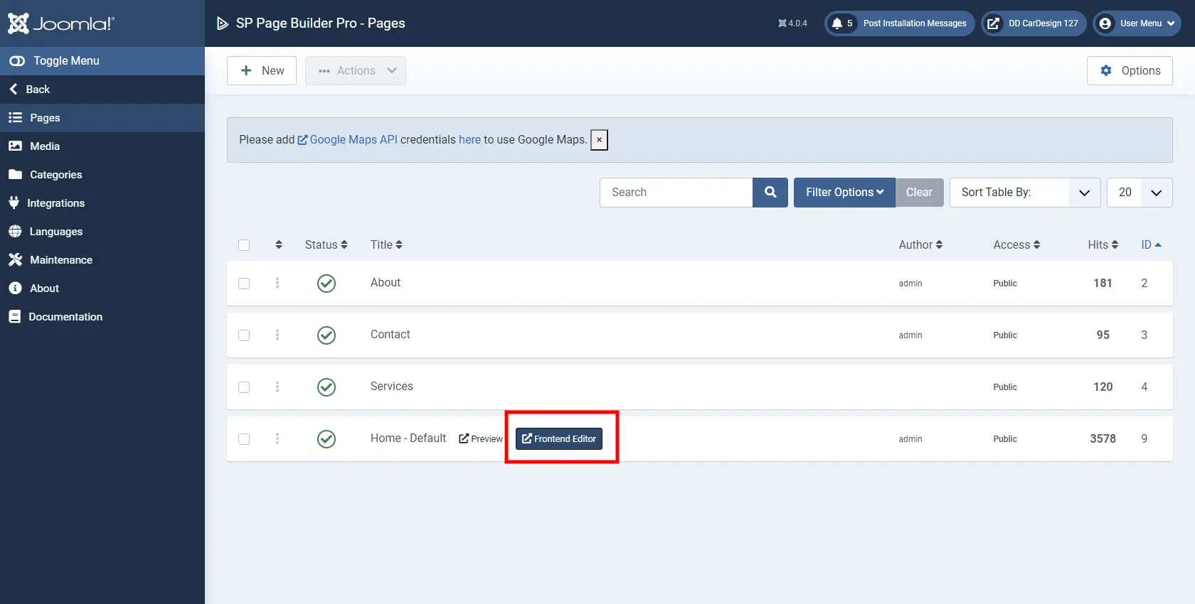 The screenshot shows the administration panel and the SP Page Builder component transition to edit the page
