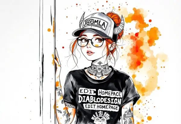 Illustration of a character wearing a 'Joomla' cap and a t-shirt with 'Edit Homepage' and 'DiabloDesign' text, featuring tattoos, glasses, and vibrant orange paint splashes in the background.