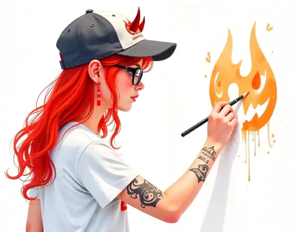 A young woman with long red hair, wearing a gray and white cap and glasses, is painting a stylized flame logo on a wall. She has tattoos on her left arm and is holding a paintbrush, with the flame design featuring a face in bold orange colors. She is dressed casually in a light-colored T-shirt, and the scene captures a modern, artistic vibe.